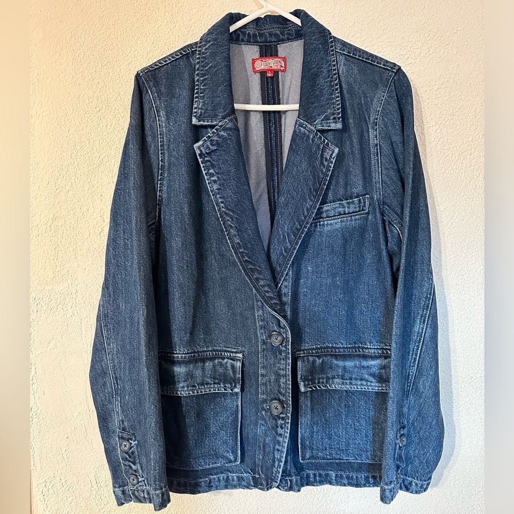 Lucky Brand Blazer Women Blue Denim Viscose/ Lyocell Button Closure Pockets Sz L